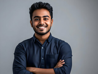 A smiling young Indian man in a dark blue shirt, arms crossed against a gray backdrop. This studio portrait exudes confidence and professionalism.