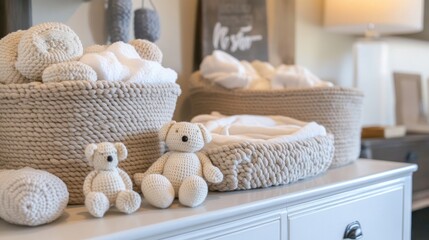 Knitted baskets filled with baby clothes and crocheted stuffed animals on a white dresser.