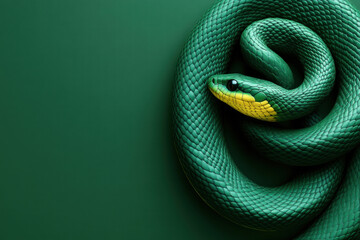 Obraz premium Coiled Green Snake on Deep Green Backdrop, Space for Text