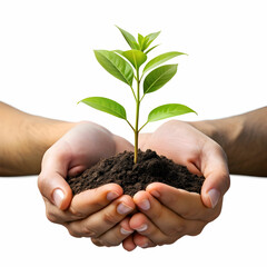 A pair of hands gently holds a small plant, symbolizing care and growth.