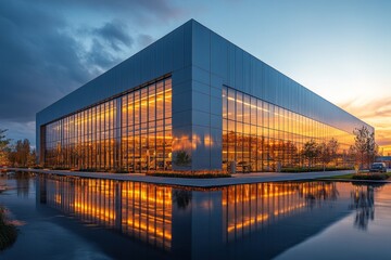 Fototapeta premium Modern Architectural Marvel: Glass Facade Building Reflecting Sunset