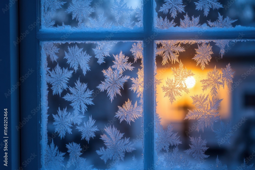 Poster frosty window display with intricate snowflakes and warm glow from the outside during winter evening