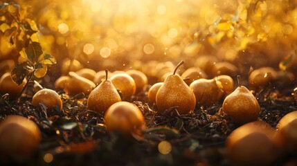 Golden hour pears scattered on ground in orchard.