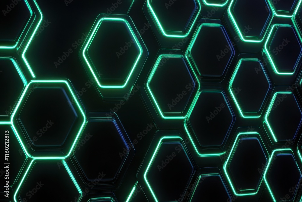 Poster abstract neon hexagon pattern with glowing edges on a dark background for modern design