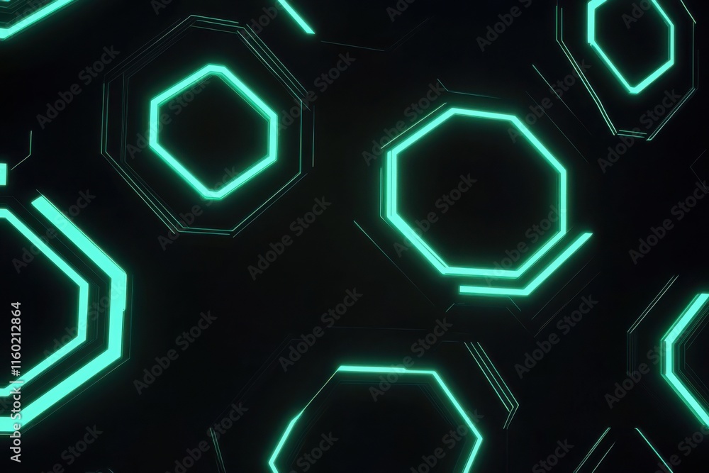 Poster neon hexagonal patterns create a vibrant, futuristic background in dark setting