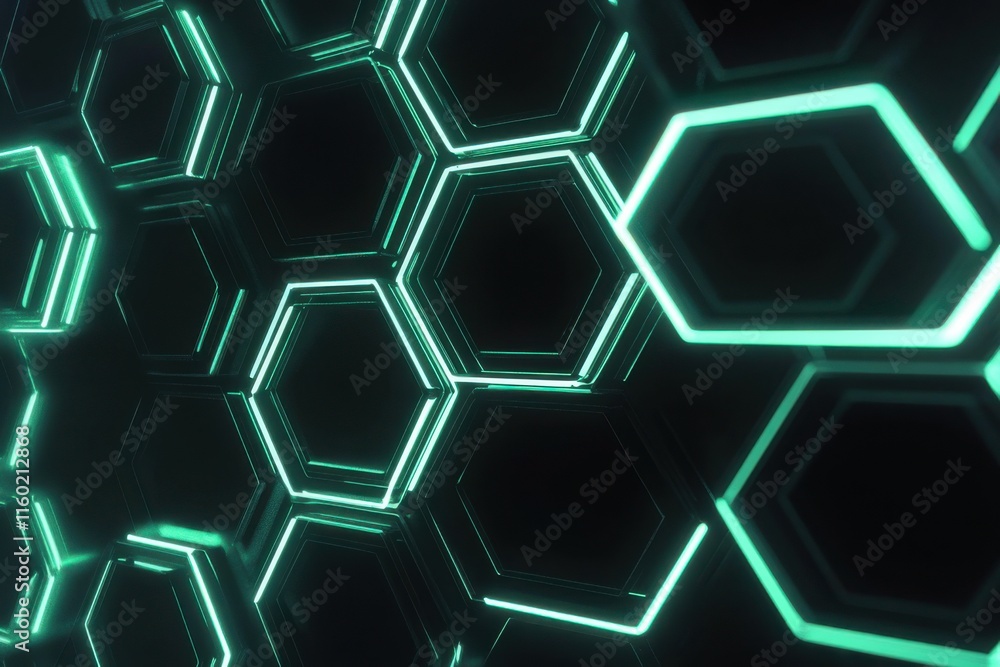 Poster hexagonal patterns illuminated in teal glow create a futuristic and mesmerizing design in a dark env