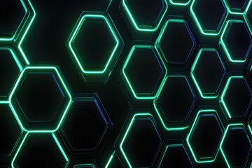 Abstract neon hexagon pattern with glowing edges on a dark background for modern design