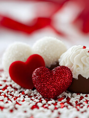 Fototapeta premium Elegant Red and White Heart-Shaped Sweets on Festive Background with Romantic Vibes : Generative AI
