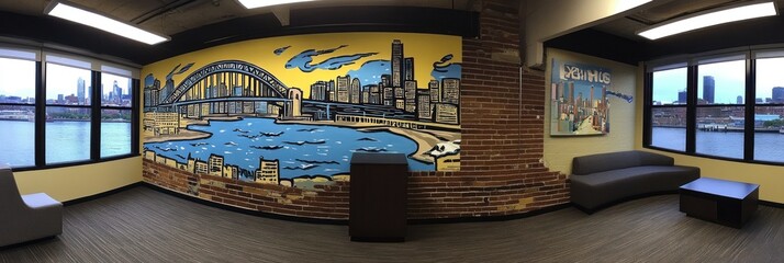 Modern office lounge with cityscape mural, sofa, and city view.