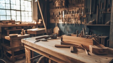 A serene woodworking workshop with hand tools and woodcraft projects, Artisanal carpentry craftsmanship style, photo of
