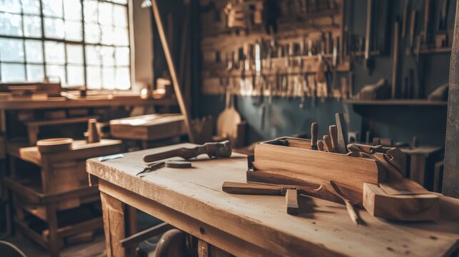 A serene woodworking workshop with hand tools and woodcraft projects, Artisanal carpentry craftsmanship style, photo of