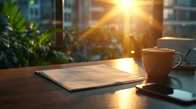 Document with coffee cup and phone on a desk in sunlight. Generative AI