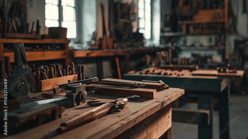 Poster a serene woodworking workshop with various tools and timber, woodworking tools arranged on workbench