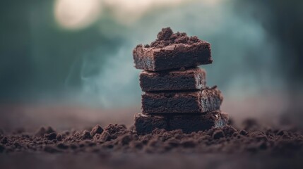 Four stacked fudgy brownies on cocoa powder, smoky background.
