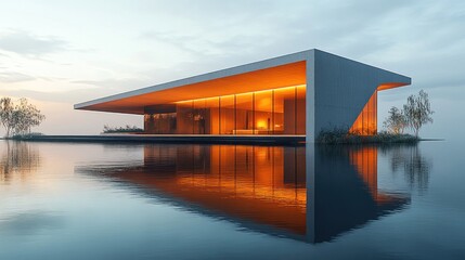 Fototapeta premium Modern Architectural Marvel: Lakeside Contemporary Home at Dusk