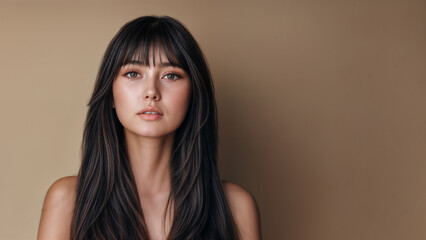 Naklejka premium A model with long black hair and bare shoulders standing against a tan background. She is looking directly at the camera. She has brown eyes and a healthy complexion.