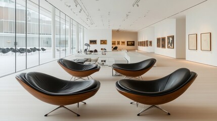Modern art gallery interior with comfortable seating and large windows showcasing artwork.