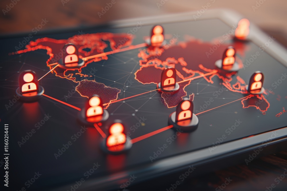 Poster cybersecurity threats mapping global network digital visualization dark environment aerial view risk