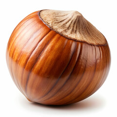 A single hazelnut is shown in its natural form, with its smooth, textured shell. The nut is isolated on a transparent background, emphasizing its rich color and distinct shape.