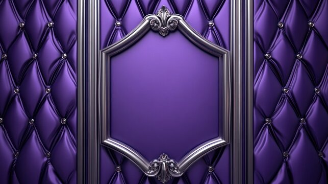 Purple quilted upholstery wall with ornate silver frame.