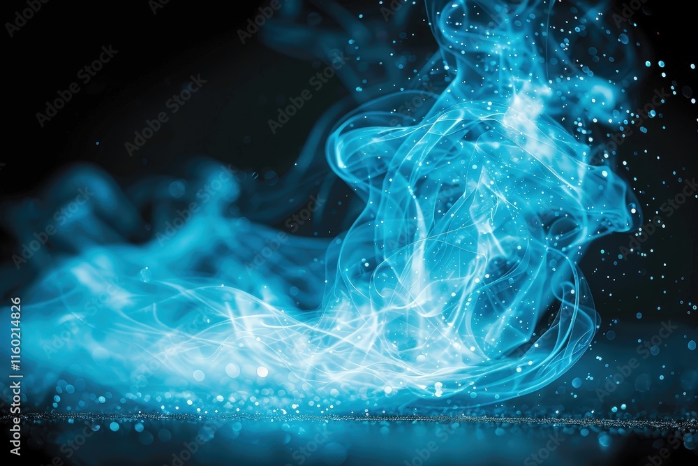 Poster dynamic blue smoke swirls create ethereal visuals in dark environment captured in abstract photograp