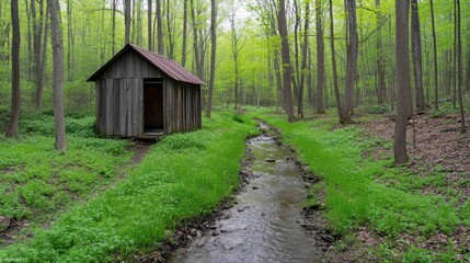 Rustic wooden shed beside a creek in a lush green forest.