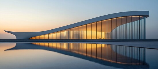 Serene Sunset Reflection: Modern Architectural Marvel