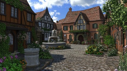 Charming European village square with cobblestone street, fountain, and medieval houses.