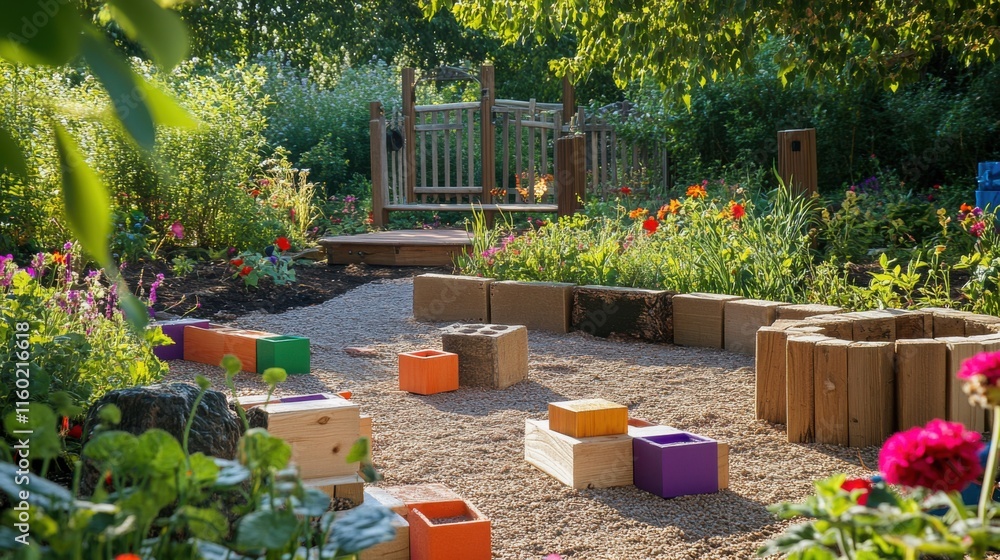 Poster a therapeutic garden with patients using blocks for sensory integration activities, blocks arranged 