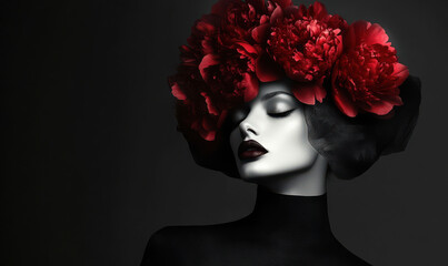 A fashionable woman wearing a red flower hat with a black background