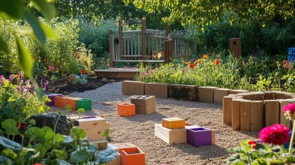 A therapeutic garden with patients using blocks for sensory integration activities, Blocks arranged in calming patterns, Sensory therapy style