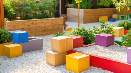 A therapeutic garden with patients using blocks for sensory integration activities, Blocks arranged in calming patterns, Sensory therapy style