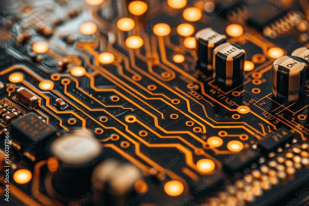 Poster exploring circuit board technology close-up of intricate designs in electronic engineering modern en