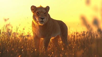 Lioness at sunset in tall grass.