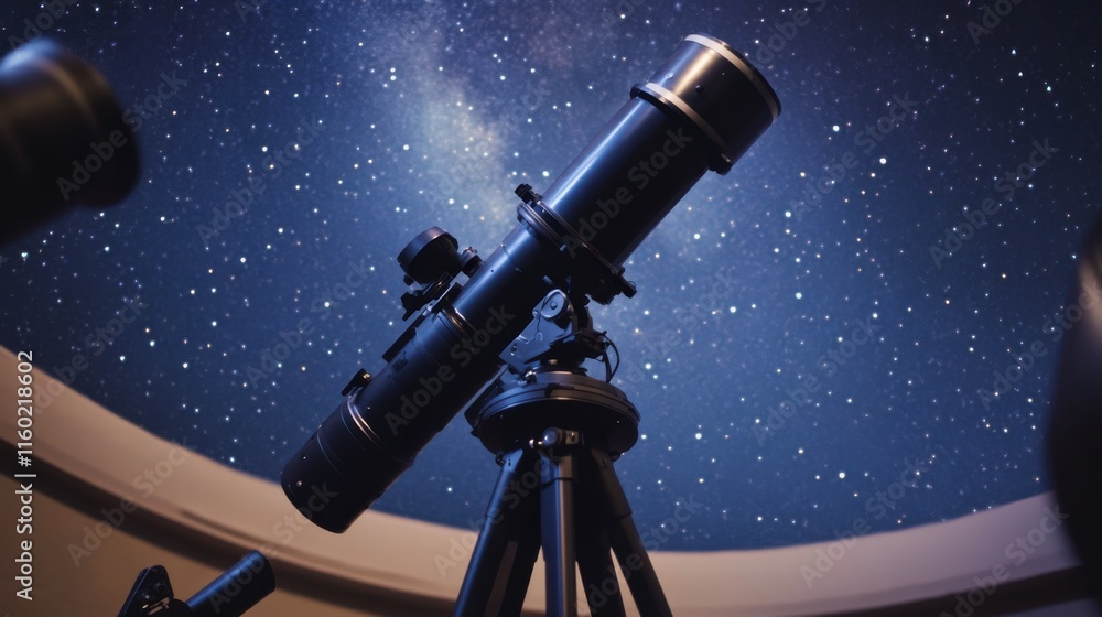 Poster a thoughtfully arranged telescope observatory, telescopes pointed towards a star-studded sky, astron