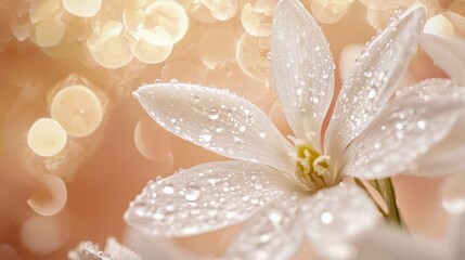 Fototapeta premium Close-up of a dewy white flower against a bokeh background.