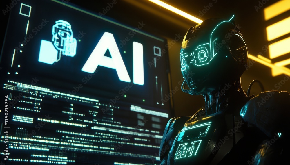 Poster futuristic ai robot working on complex code