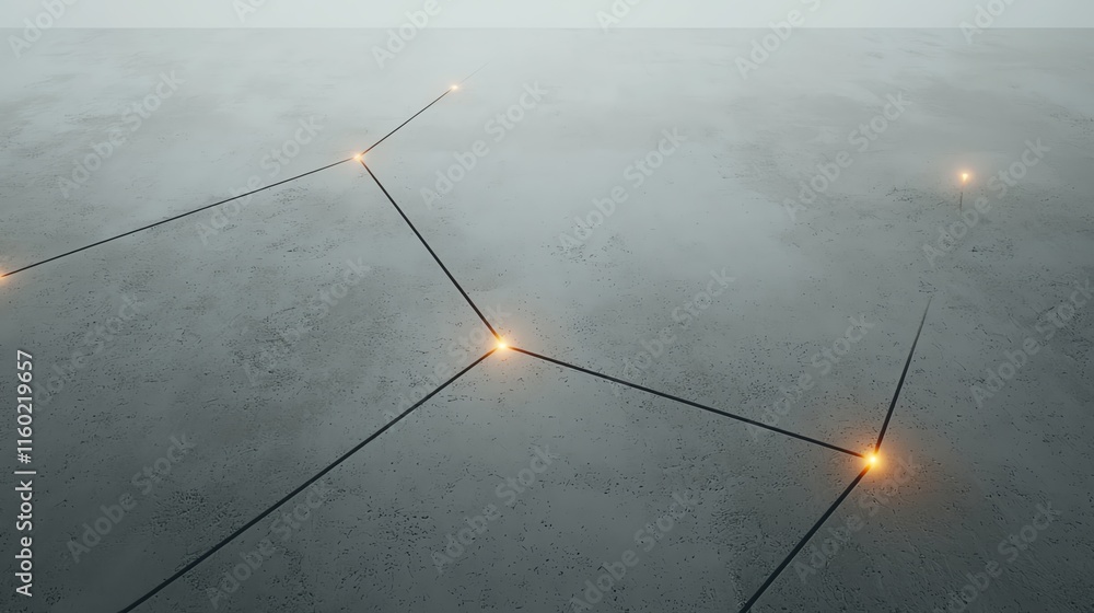 Poster abstract network with glowing nodes on foggy background