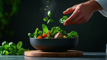Chef arranging fresh ingredients in a salad bowl. Generative AI
