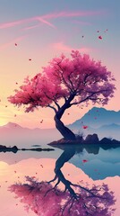 Obraz premium A magnificent and beautiful cherry blossom tree standing alone, with a beautiful view