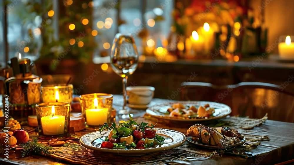 Poster a cozy table set for dinner. there are several lighted candles on the table, creating a warm atmosph