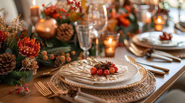 Elegant festive dining table setting with candles and floral decor