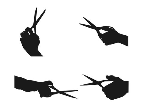 Human hand holding scissors, silhouette. Vector illustration. Hand Holding Scissors Icon for Cutting and Crafting Design. illustration of a hand holding a pair of scissors without background.