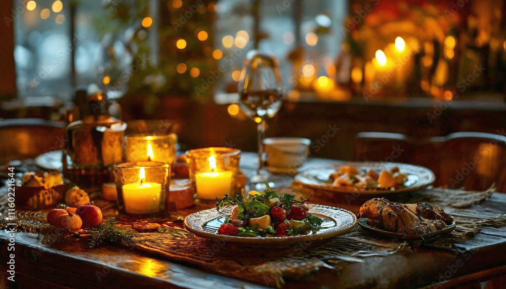 Poster a cozy table set for dinner. there are several lighted candles on the table, creating a warm atmosph