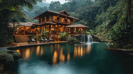 Luxurious tropical hotel room with private waterfall and pool surrounded by jungle