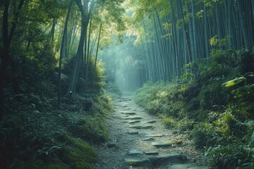 Obraz premium Stone path leading through misty bamboo forest in japan