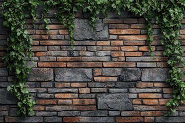 Textured stone wall adorned with climbing green vines in a natural setting