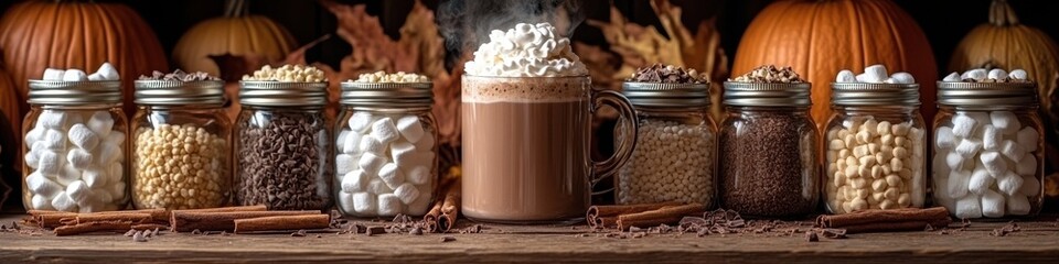A cozy autumnal scene with hot chocolate, marshmallows, and seasonal ingredients surrounded by pumpkins and fall leaves.
