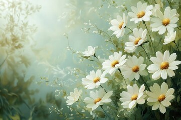 White daisies blooming in spring meadow under sunlight