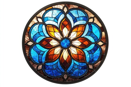 Round stained glass window depicting a colorful flower with blue petals